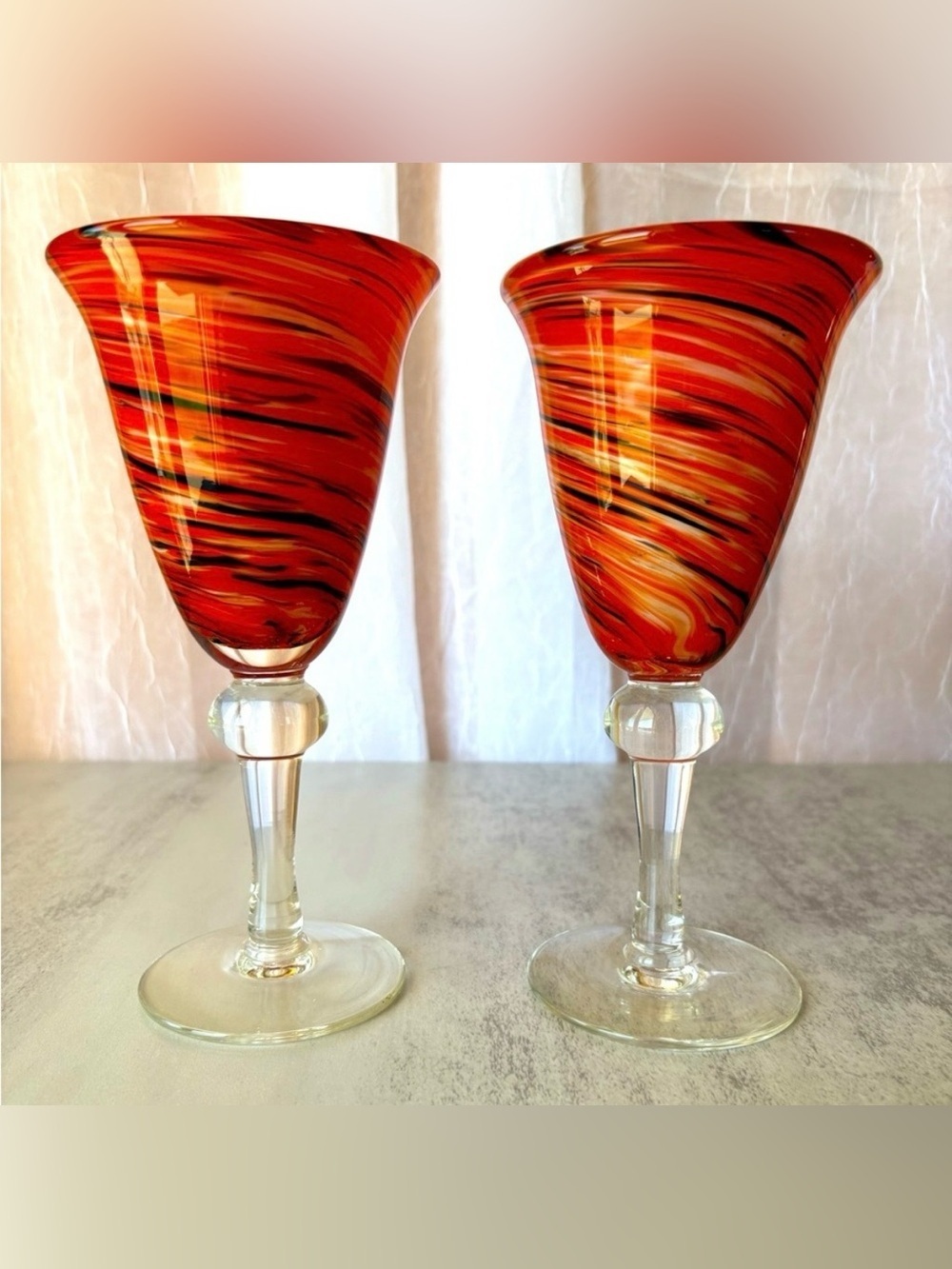 Pier 1 Red Twist Water/Wine Goblets-Hand Blown-Set of 2